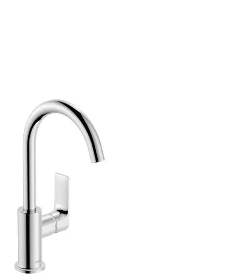 Chromfarbener Einhebel-Waschtischmischer mit schwenkbarem Auslauf, von der Marke Hansgrohe, dargestellt vor einem weißen Hintergrund.